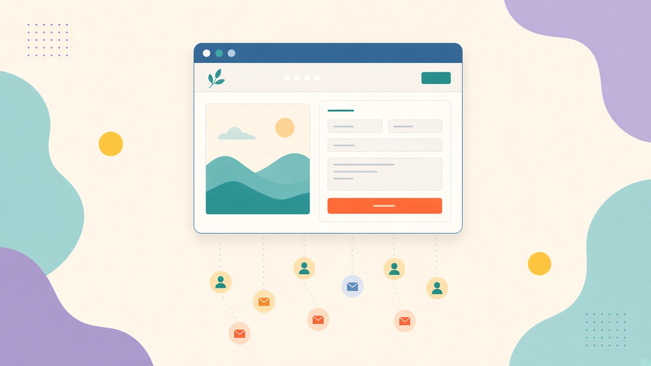 Browser window with contact form and lead icons quietly dripping away