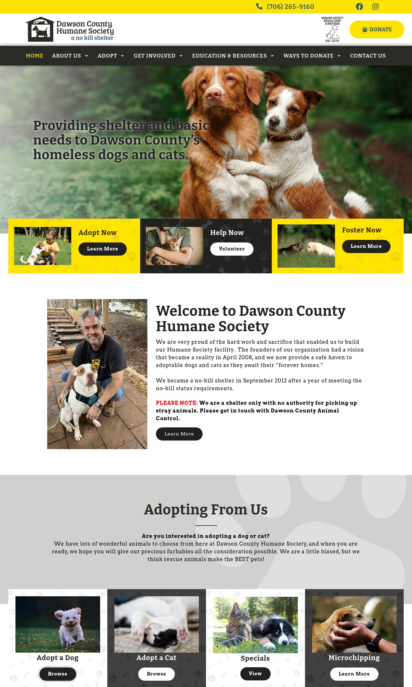 Dawson County Humane Society website on desktop