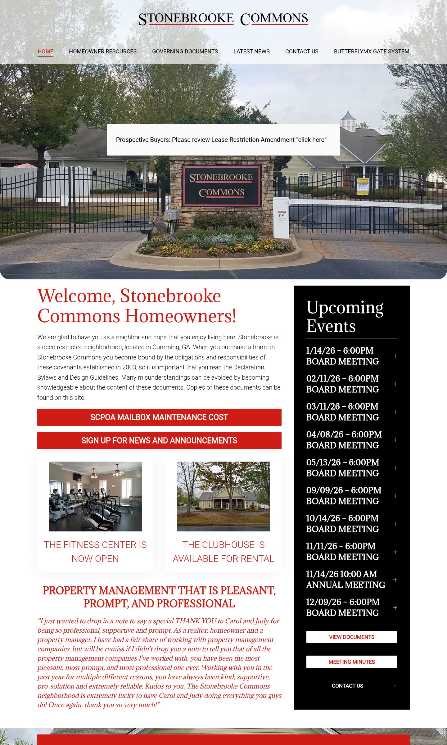Stonebrooke HOA website on desktop
