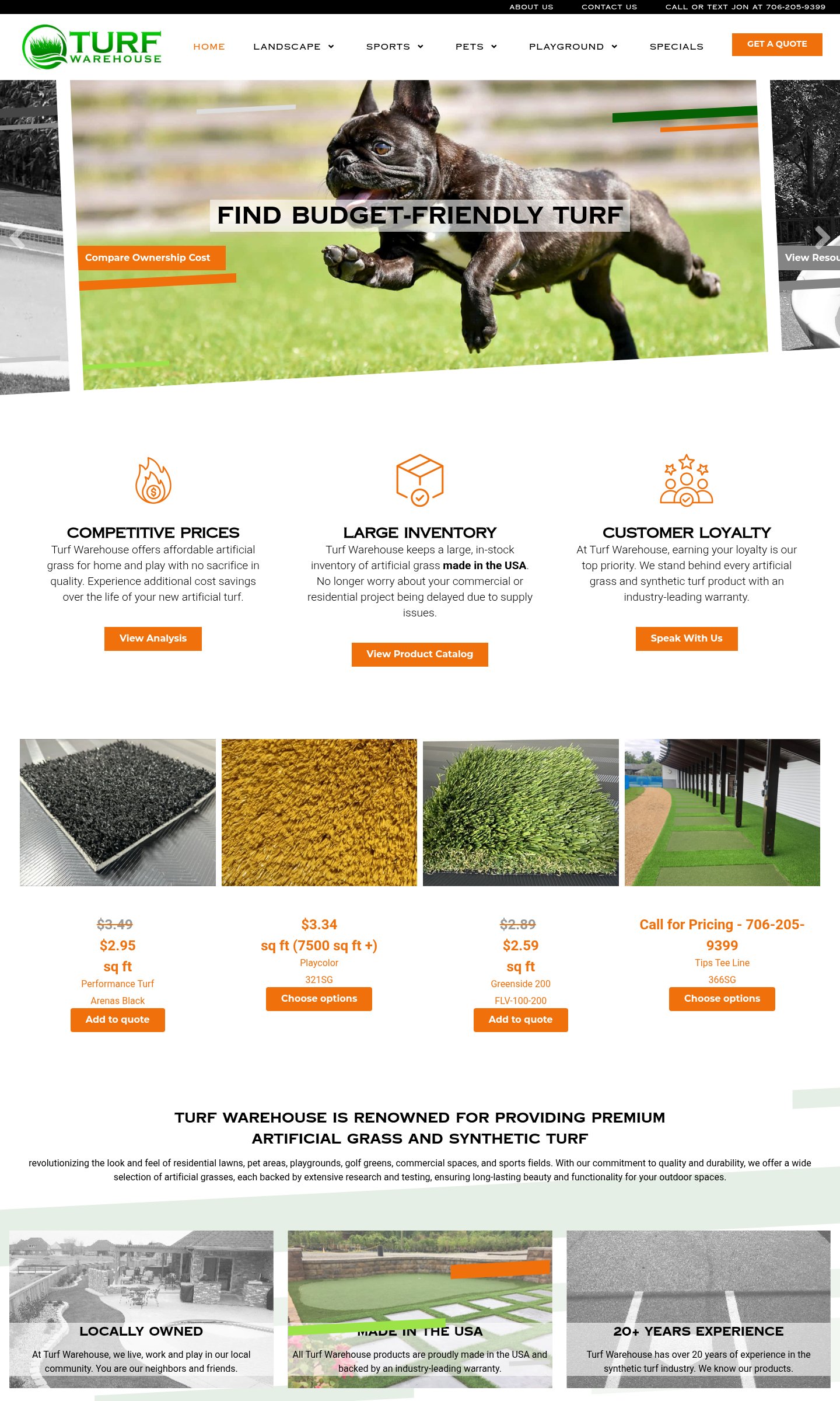 Turf Warehouse website on desktop